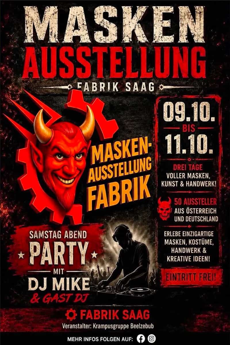 Plakat: Maskenausstellung in der Fabrik Saag, 9. bis 11. Oktober, Eintritt frei